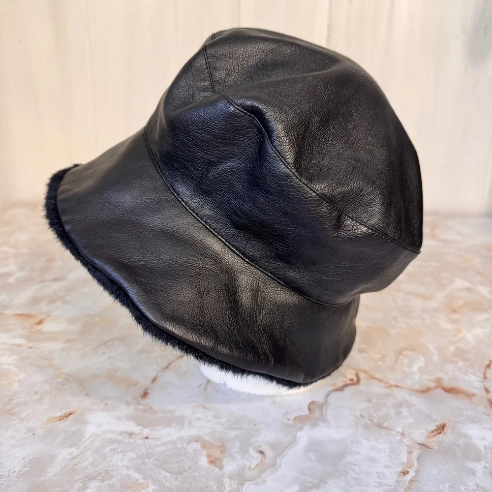 Faux Leather Bucket Hat Women Black Faux Leather and Fur Trim Winter Retro Chic